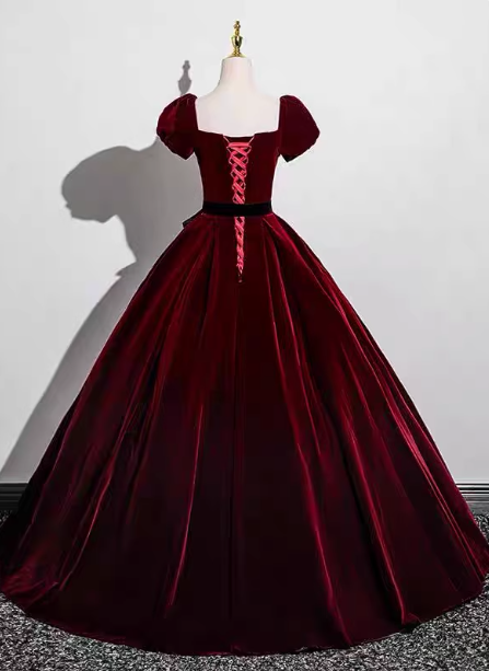 Vintage Burgundy A-Line Puff Sleeve Velvet Long Formal Prom Dresses