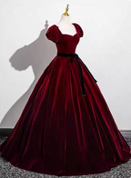 Vintage Burgundy A-Line Puff Sleeve Velvet Long Formal Prom Dresses