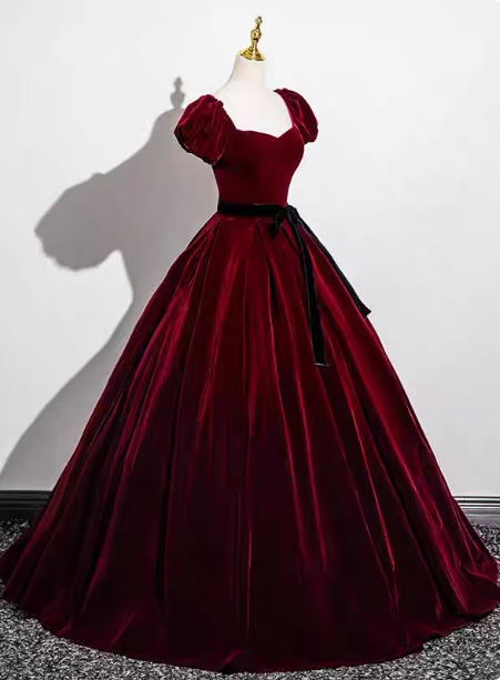 Vintage Burgundy A-Line Puff Sleeve Velvet Long Formal Prom Dresses