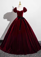 Vintage Burgundy A-Line Puff Sleeve Velvet Long Formal Prom Dresses