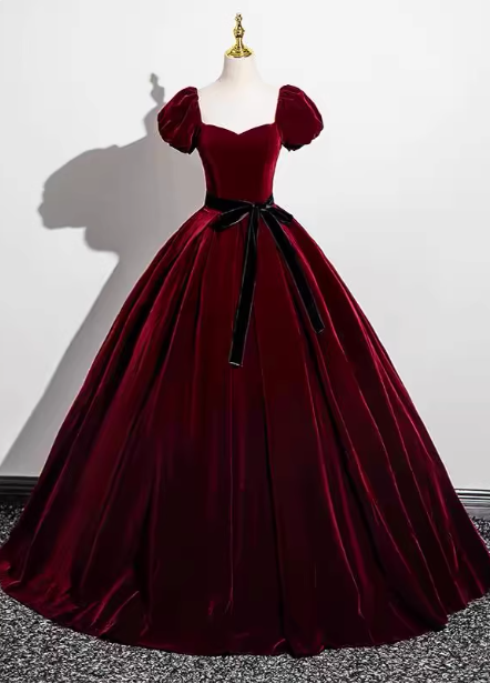Vintage Burgundy A-Line Puff Sleeve Velvet Long Formal Prom Dresses