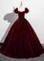 Vintage Burgundy A-Line Puff Sleeve Velvet Long Formal Prom Dresses