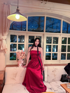 Vintage Burgundy A-Line Strapless Satin Long Formal Prom Dresses