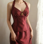 Vintage Burgundy Halter Neck Mermaid Satin Long Formal Prom Dresses