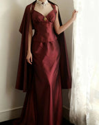 Vintage Burgundy Halter Neck Mermaid Satin Long Formal Prom Dresses