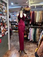 Vintage Burgundy Halter Neck Velvet Satin Long Formal Prom Dresses