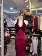 Vintage Burgundy Halter Neck Velvet Satin Long Formal Prom Dresses
