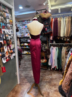 Vintage Burgundy Halter Neck Velvet Satin Long Formal Prom Dresses