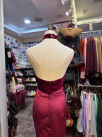 Vintage Burgundy Halter Neck Velvet Satin Long Formal Prom Dresses