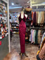 Vintage Burgundy Halter Neck Velvet Satin Long Formal Prom Dresses