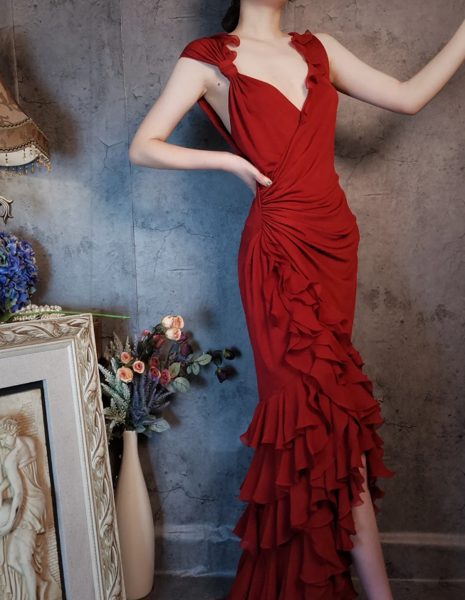 Vintage Burgundy Mermaid Deep V-Neck Layered Ruffle Chiffon Long Formal Prom Dresses