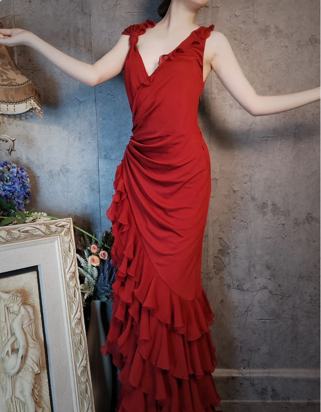 Vintage Burgundy Mermaid Deep V-Neck Layered Ruffle Chiffon Long Formal Prom Dresses