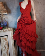 Vintage Burgundy Mermaid Deep V-Neck Layered Ruffle Chiffon Long Formal Prom Dresses