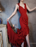 Vintage Burgundy Mermaid Deep V-Neck Layered Ruffle Chiffon Long Formal Prom Dresses