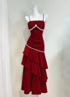 Vintage Burgundy Mermaid Spaghetti Strap Ruffle Velvet Formal Prom Dresses