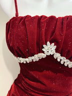 Vintage Burgundy Mermaid Spaghetti Strap Ruffle Velvet Formal Prom Dresses