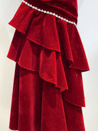 Vintage Burgundy Mermaid Spaghetti Strap Ruffle Velvet Formal Prom Dresses