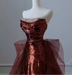 Vintage Burgundy Mermaid Strapless Tulle Sequined Train Formal Prom Dresses