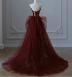 Vintage Burgundy Mermaid Strapless Tulle Sequined Train Formal Prom Dresses