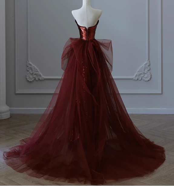 Vintage Burgundy Mermaid Strapless Tulle Sequined Train Formal Prom Dresses
