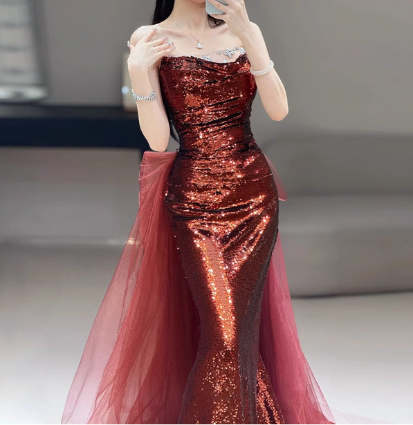 Vintage Burgundy Mermaid Strapless Tulle Sequined Train Formal Prom Dresses