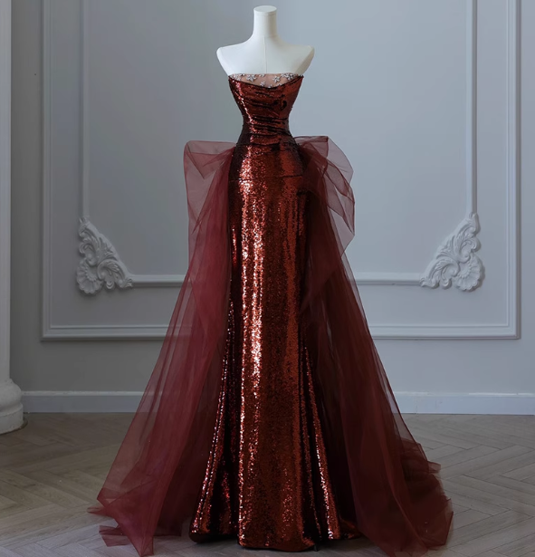 Vintage Burgundy Mermaid Strapless Tulle Sequined Train Formal Prom Dresses
