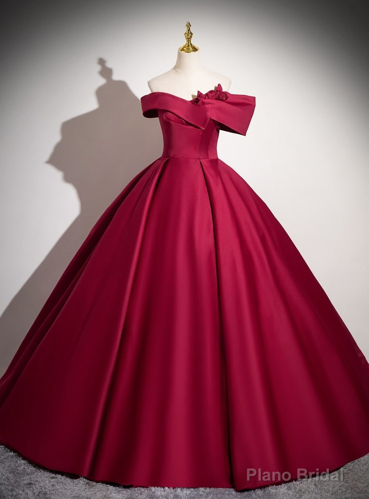 Vintage Burgundy Satin Off the Shoulder Flower Prom Dress Main image