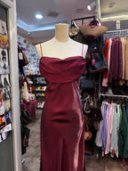 Vintage Burgundy Spaghetti Strap Halter Neck Satin Long Formal Prom Dresses