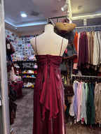 Vintage Burgundy Spaghetti Strap Halter Neck Satin Long Formal Prom Dresses