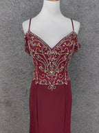 Vintage Burgundy Spaghetti Strap V-Neck Beaded Chiffon Long Formal Prom Dresses