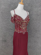 Vintage Burgundy Spaghetti Strap V-Neck Beaded Chiffon Long Formal Prom Dresses