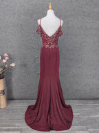 Vintage Burgundy Spaghetti Strap V-Neck Beaded Chiffon Long Formal Prom Dresses