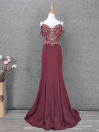 Vintage Burgundy Spaghetti Strap V-Neck Beaded Chiffon Long Formal Prom Dresses