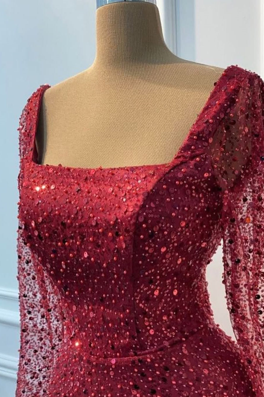 Vintage Burgundy Square Long Sleeves Sequins Prom Dresses Mermaid Sheath Online Secondary image