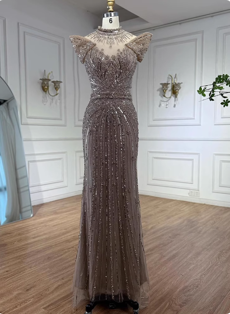 Vintage Champagne Brown Mermaid Stand Collar Shoulder Sleeve Full Diamond Sequin Tulle Long Formal Prom Dresses Secondary image