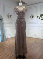 Vintage Champagne Brown Mermaid Stand Collar Shoulder Sleeve Full Diamond Sequin Tulle Long Formal Prom Dresses