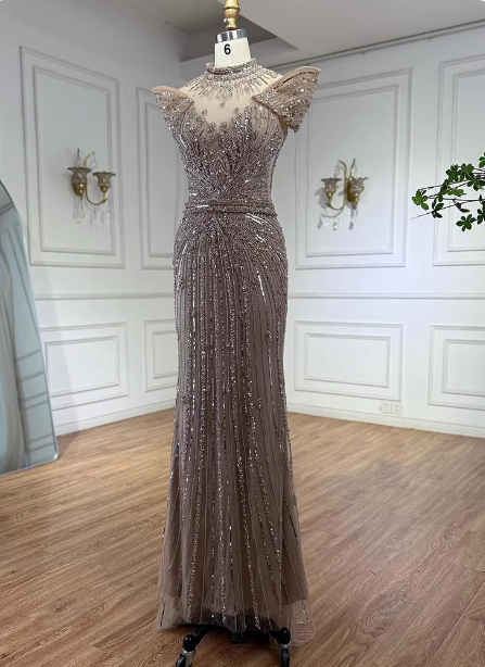 Vintage Champagne Brown Mermaid Stand Collar Shoulder Sleeve Full Diamond Sequin Tulle Long Formal Prom Dresses
