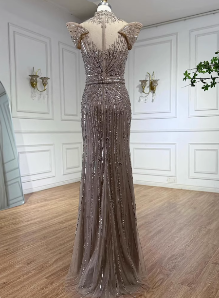 Vintage Champagne Brown Mermaid Stand Collar Shoulder Sleeve Full Diamond Sequin Tulle Long Formal Prom Dresses