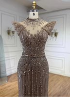 Vintage Champagne Brown Mermaid Stand Collar Shoulder Sleeve Full Diamond Sequin Tulle Long Formal Prom Dresses