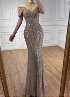 Vintage Champagne Brown Mermaid Stand Collar Shoulder Sleeve Full Diamond Sequin Tulle Long Formal Prom Dresses