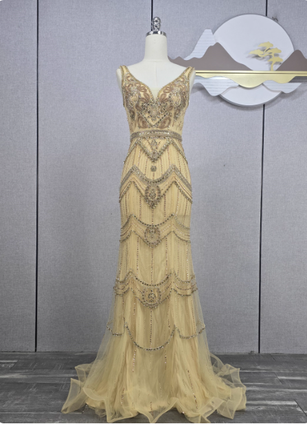 Vintage Champagne Gold Mermaid V-Neck Beaded Embroidered Tulle Long Formal Prom Dresses Main image