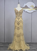 Vintage Champagne Gold Mermaid V-Neck Beaded Embroidered Tulle Long Formal Prom Dresses
