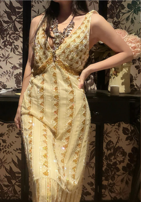 Vintage Champagne Gold Mermaid V-Neck Sequined Formal Prom Dresses