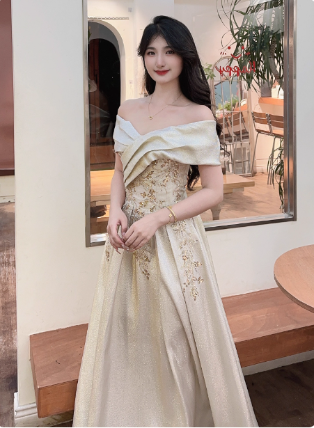 Vintage Champagne Gold Off-The-Shoulder Embroidered Satin Long Formal Prom Dresses
