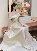 Vintage Champagne Gold Off-The-Shoulder Embroidered Satin Long Formal Prom Dresses