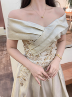 Vintage Champagne Gold Off-The-Shoulder Embroidered Satin Long Formal Prom Dresses