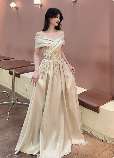 Vintage Champagne Gold Off-The-Shoulder Embroidered Satin Long Formal Prom Dresses Main image
