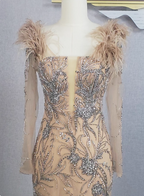Vintage Champagne Mermaid Long Sleeve Square Neck Feather Beaded Tulle Long Formal Prom Dresses