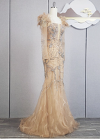 Vintage Champagne Mermaid Long Sleeve Square Neck Feather Beaded Tulle Long Formal Prom Dresses