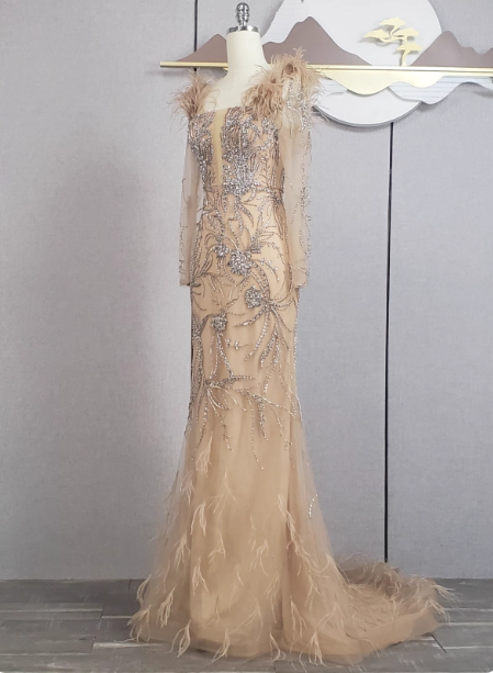 Vintage Champagne Mermaid Long Sleeve Square Neck Feather Beaded Tulle Long Formal Prom Dresses